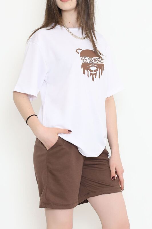 Baskılı Oversize Şortlu Takım Acıkahve - 12628.5238. - 3