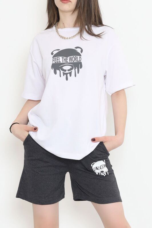 Baskılı Oversize Şortlu Takım Füme - 12628.5238. - 4