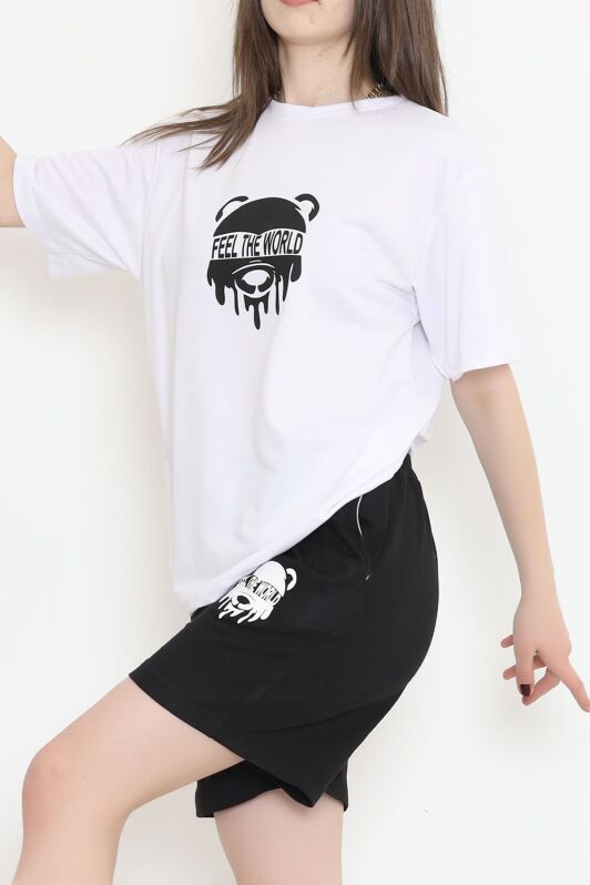 Baskılı Oversize Şortlu Takım Siyah - 12628.5238. - 3