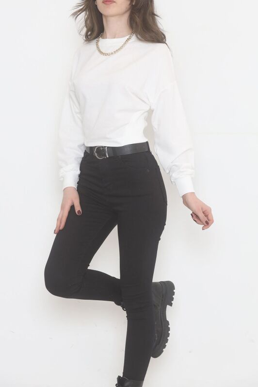 Bisiklet Yaka Crop Sweat Beyaz - 2508.555. - 1