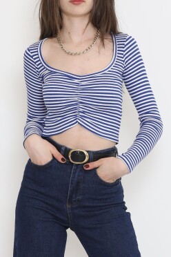 Çizgili Büzgü Detaylı Bluz Saks - 15939.1567. - 1