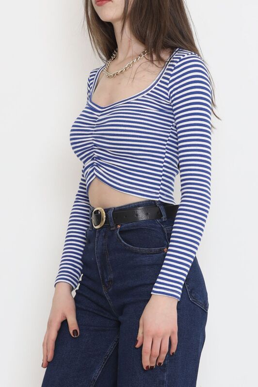 Çizgili Büzgü Detaylı Bluz Saks - 15939.1567. - 3
