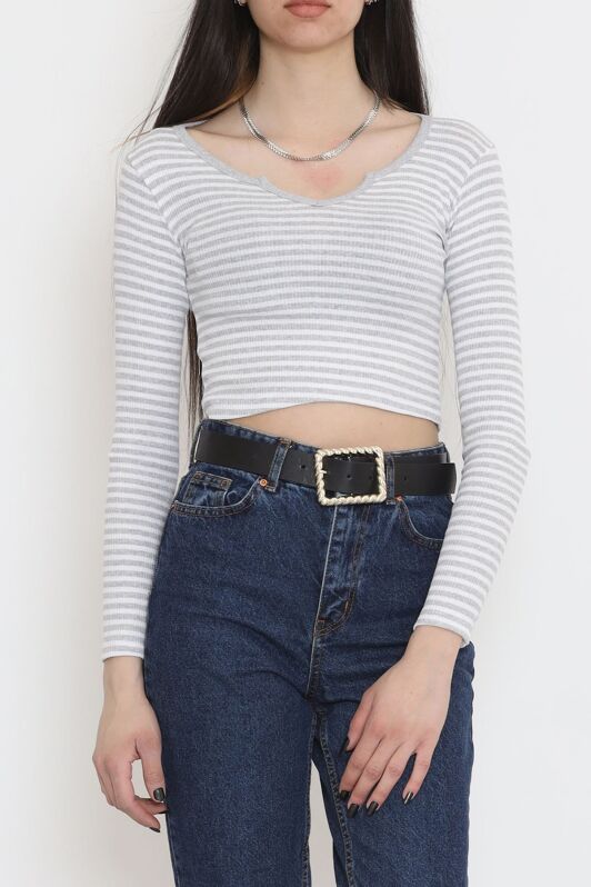 Çizgili Crop Bluz Gri - 11897.1567. - 1