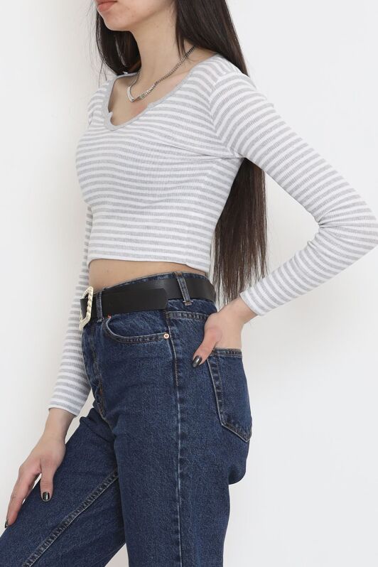 Çizgili Crop Bluz Gri - 11897.1567. - 2