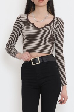 Çizgili Crop Bluz Kahve - 11897.1567. - 1