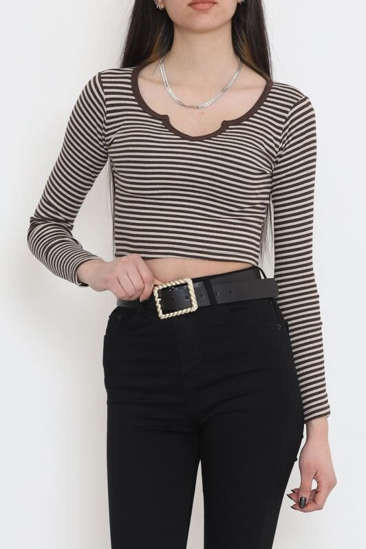 Çizgili Crop Bluz Kahve - 11897.1567. - 1