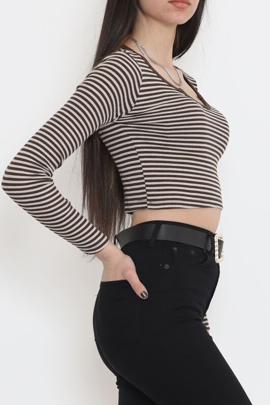 Çizgili Crop Bluz Kahve - 11897.1567. - 2