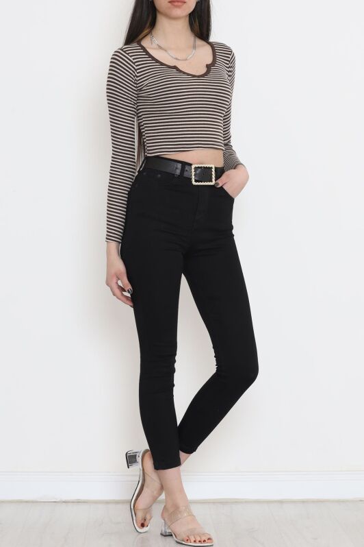 Çizgili Crop Bluz Kahve - 11897.1567. - 3