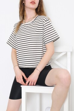 Çizgili Crop Tişört Ekrusiyah - 9525.1567. - 1