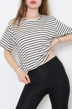 Çizgili Crop Tişört Ekrusiyah - 9525.1567. - 2