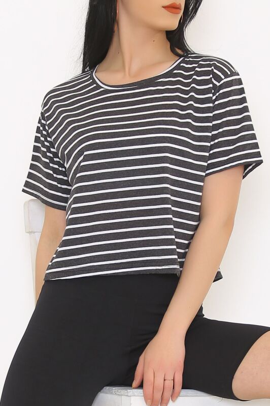 Çizgili Crop Tişört Fümebeyaz - 9525.1567. - 1