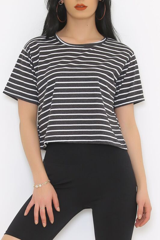 Çizgili Crop Tişört Fümebeyaz - 9525.1567. - 2
