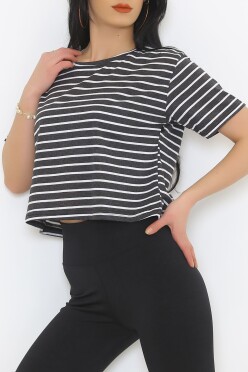 Çizgili Crop Tişört Fümebeyaz - 9525.1567. - 3