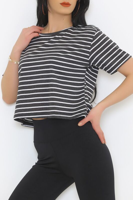 Çizgili Crop Tişört Fümebeyaz - 9525.1567. - 3