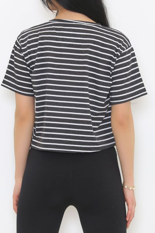 Çizgili Crop Tişört Fümebeyaz - 9525.1567. - 4