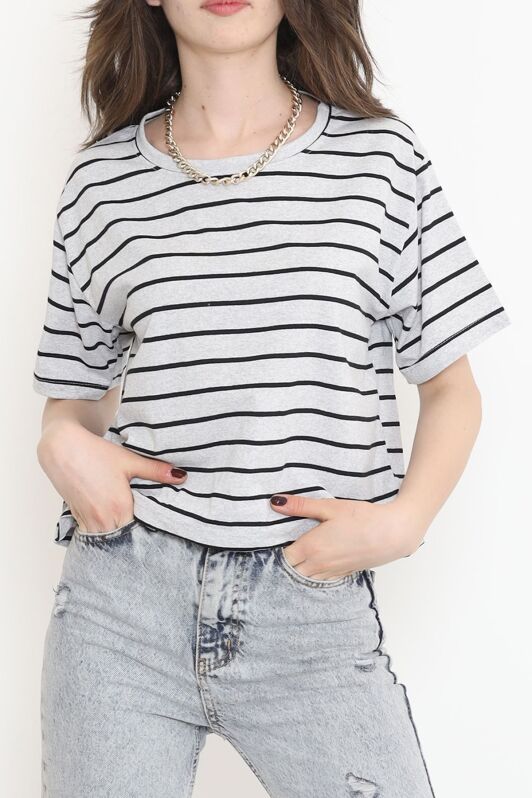 Çizgili Crop Tişört Grisiyah - 9525.1567. - 1