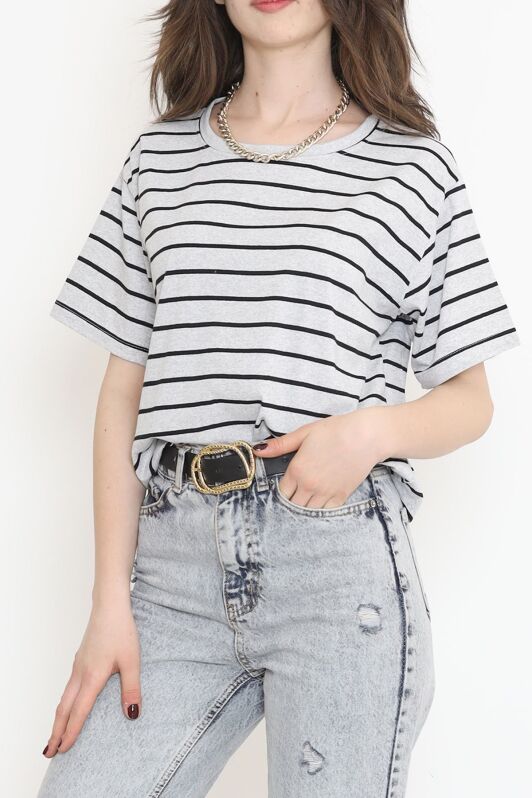 Çizgili Crop Tişört Grisiyah - 9525.1567. - 2