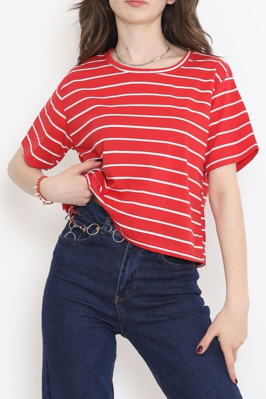 Çizgili Crop Tişört Kırmızı - 9525.1567. - 1