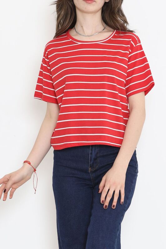 Çizgili Crop Tişört Kırmızı - 9525.1567. - 2