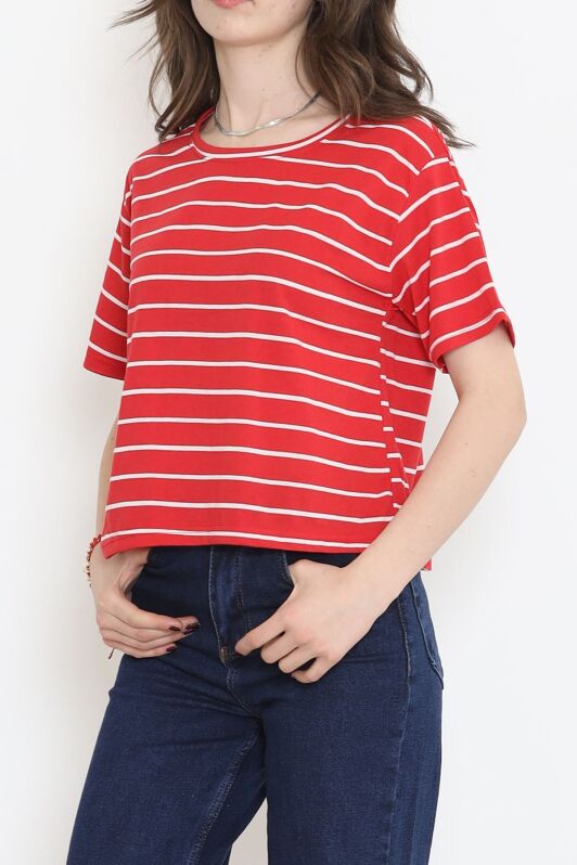 Çizgili Crop Tişört Kırmızı - 9525.1567. - 3