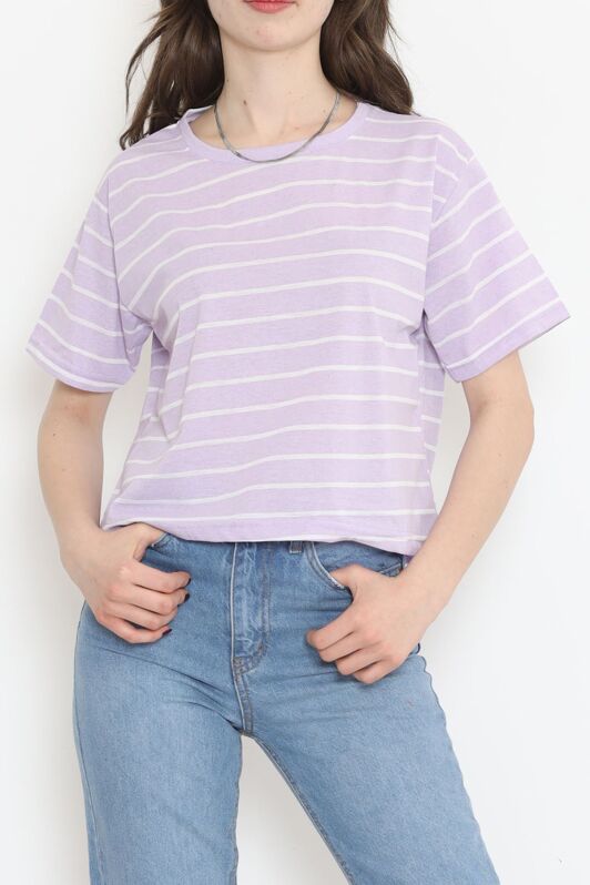 Çizgili Crop Tişört Lila - 9525.1567. - 1