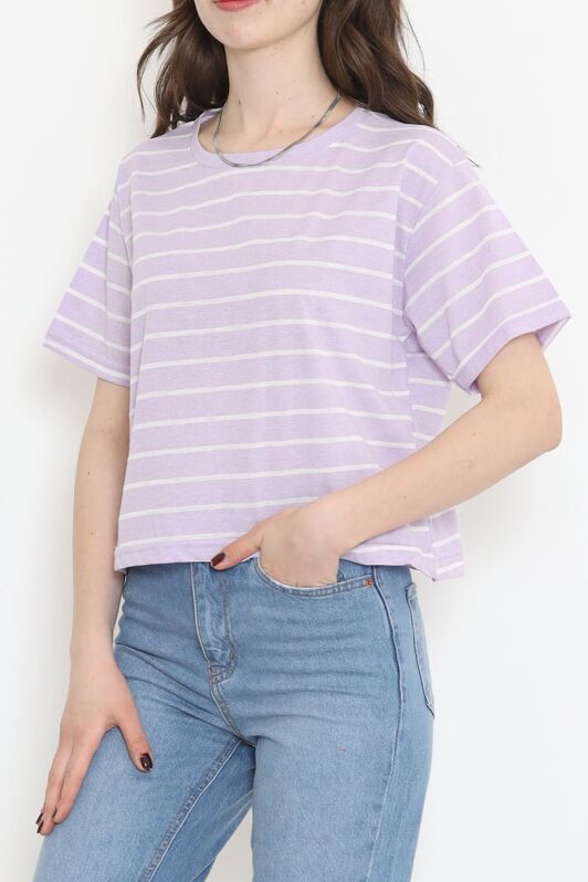 Çizgili Crop Tişört Lila - 9525.1567. - 2