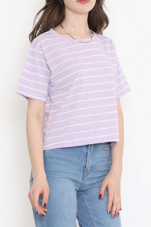 Çizgili Crop Tişört Lila - 9525.1567. - 3