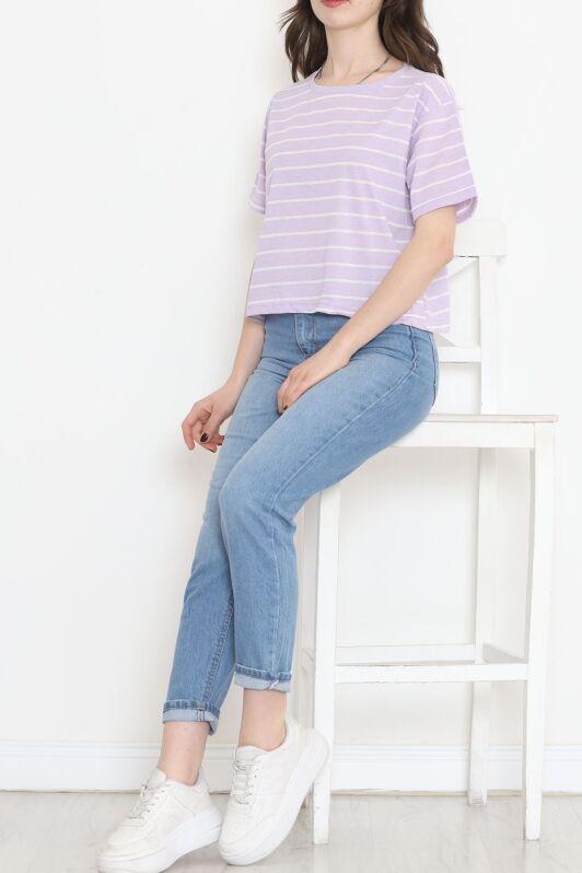 Çizgili Crop Tişört Lila - 9525.1567. - 4