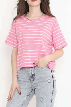 Çizgili Crop Tişört Pembebeyaz - 9525.1567. - 1