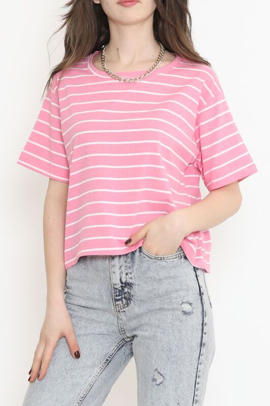 Çizgili Crop Tişört Pembebeyaz - 9525.1567. - 1