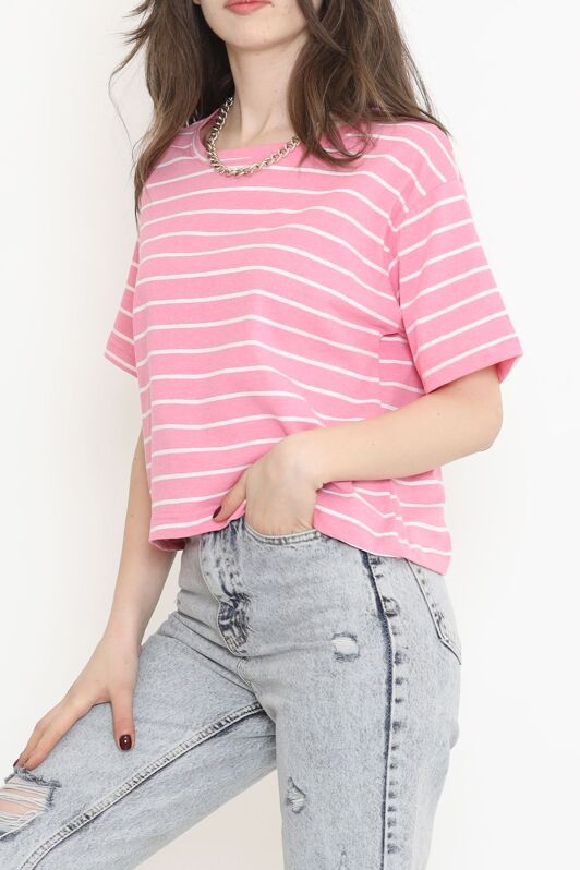 Çizgili Crop Tişört Pembebeyaz - 9525.1567. - 2