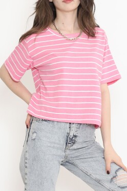 Çizgili Crop Tişört Pembebeyaz - 9525.1567. - 3