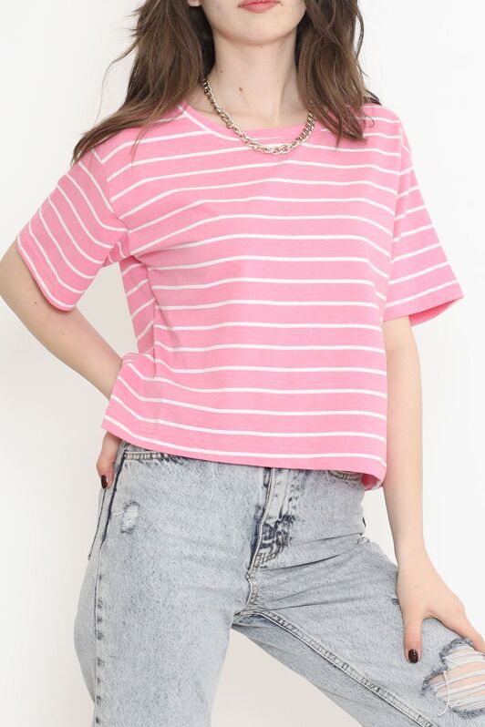 Çizgili Crop Tişört Pembebeyaz - 9525.1567. - 3