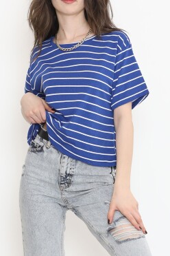 Çizgili Crop Tişört Saks - 9525.1567. - 1