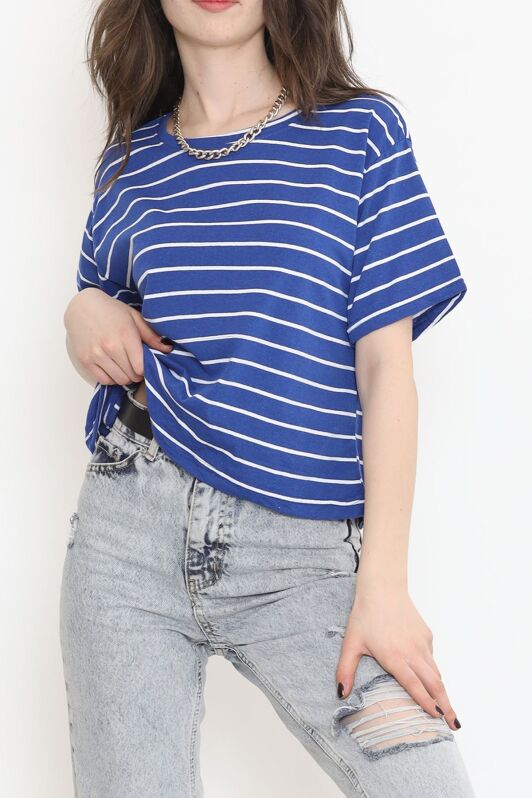 Çizgili Crop Tişört Saks - 9525.1567. - 1