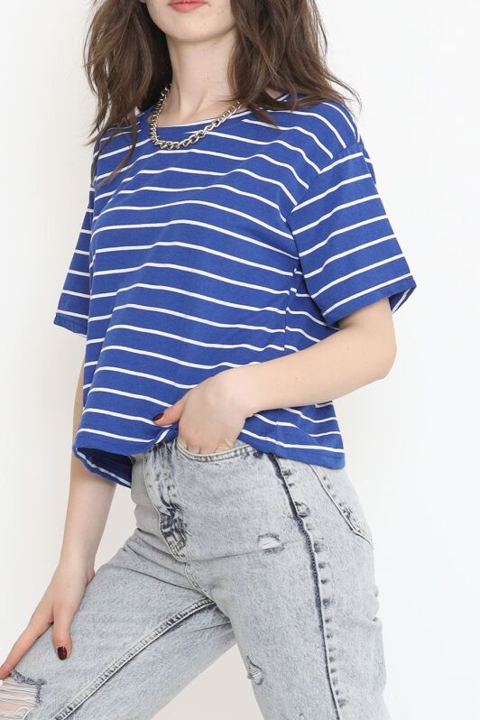 Çizgili Crop Tişört Saks - 9525.1567. - 2