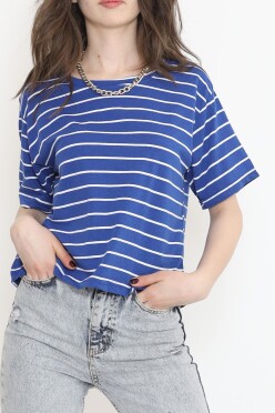 Çizgili Crop Tişört Saks - 9525.1567. - 3