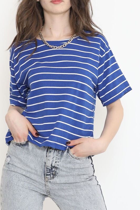 Çizgili Crop Tişört Saks - 9525.1567. - 3