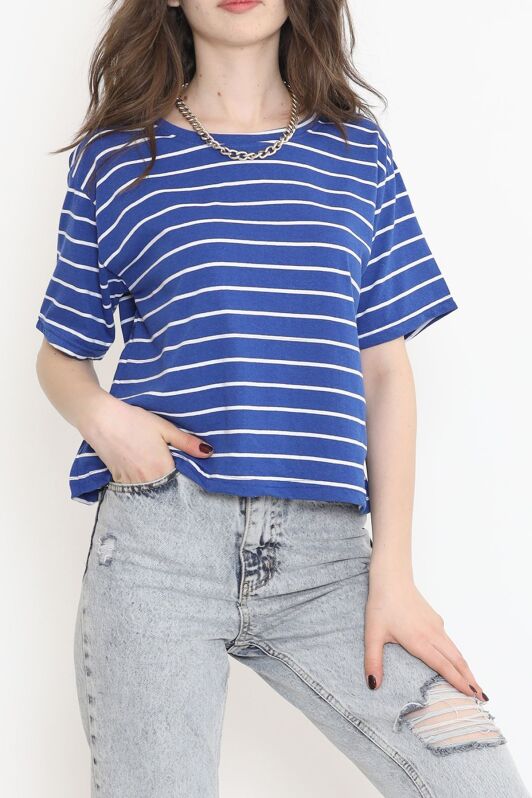 Çizgili Crop Tişört Saks - 9525.1567. - 4