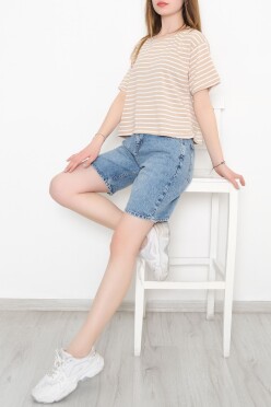 Çizgili Crop Tişört Sütlükahvebeyaz - 9525.1567. - 3