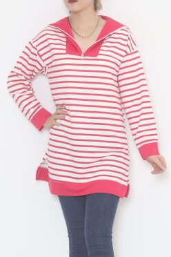 Çizgili Fermuarlı Tunik Sweat Fuşya - 472582.1778. - 1