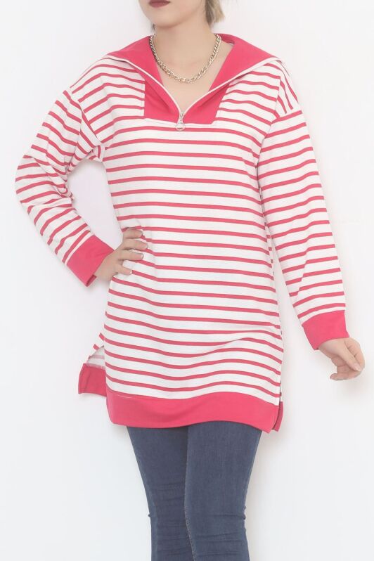 Çizgili Fermuarlı Tunik Sweat Fuşya - 472582.1778. - 1