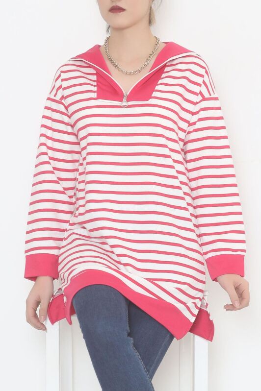 Çizgili Fermuarlı Tunik Sweat Fuşya - 472582.1778. - 2