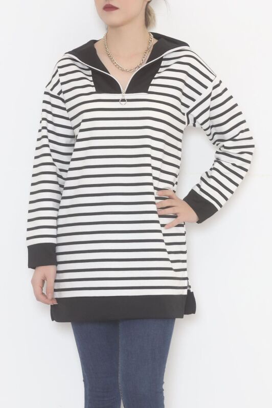 Çizgili Fermuarlı Tunik Sweat Siyah - 472582.1778. - 1