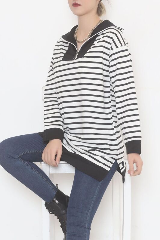 Çizgili Fermuarlı Tunik Sweat Siyah - 472582.1778. - 2