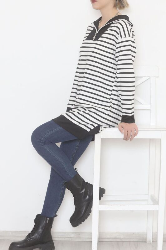 Çizgili Fermuarlı Tunik Sweat Siyah - 472582.1778. - 3
