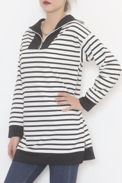 Çizgili Fermuarlı Tunik Sweat Siyah - 472582.1778. - 4