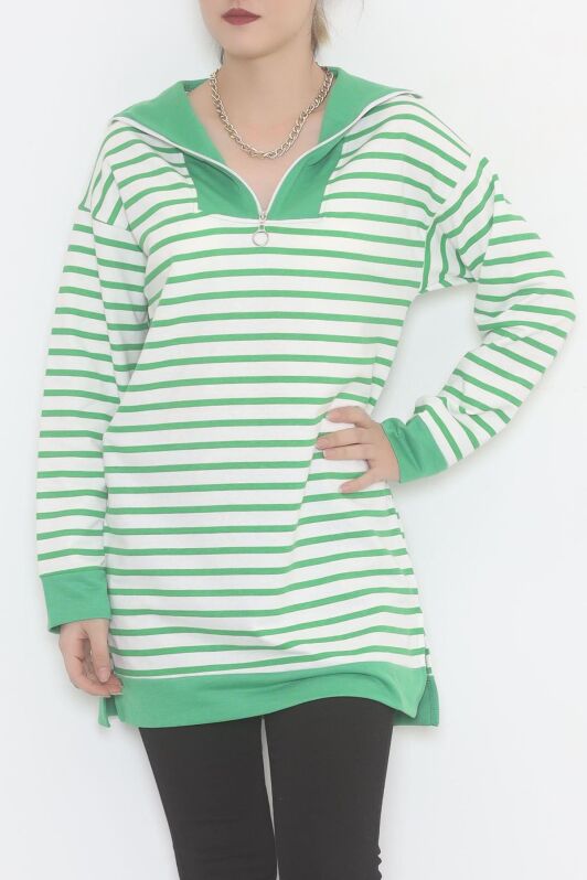 Çizgili Fermuarlı Tunik Sweat Yeşil - 472582.1778. - 1
