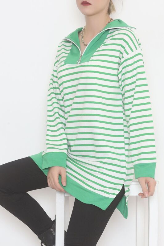Çizgili Fermuarlı Tunik Sweat Yeşil - 472582.1778. - 2