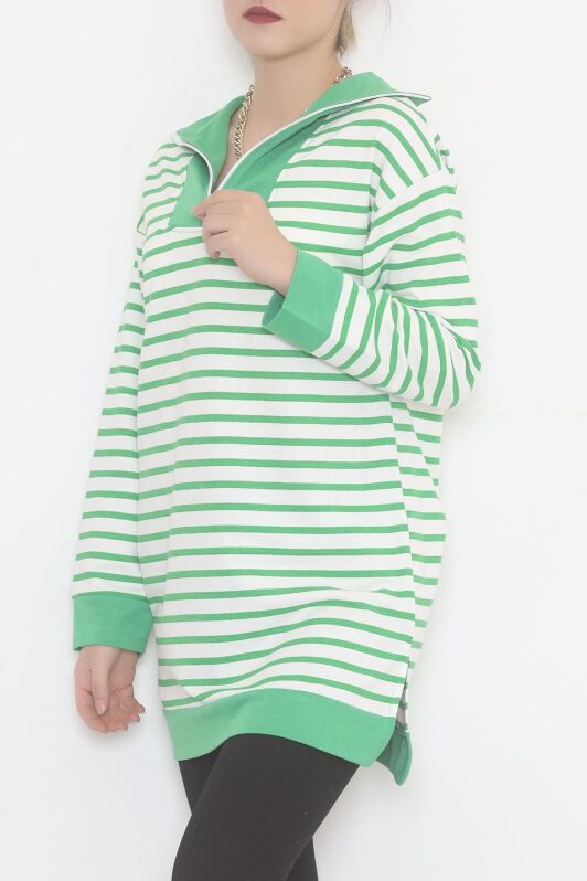 Çizgili Fermuarlı Tunik Sweat Yeşil - 472582.1778. - 3